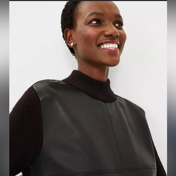 Ann Taylor Mixed Media Mock Neck Sweater with faux leather - Picture 2 of 10